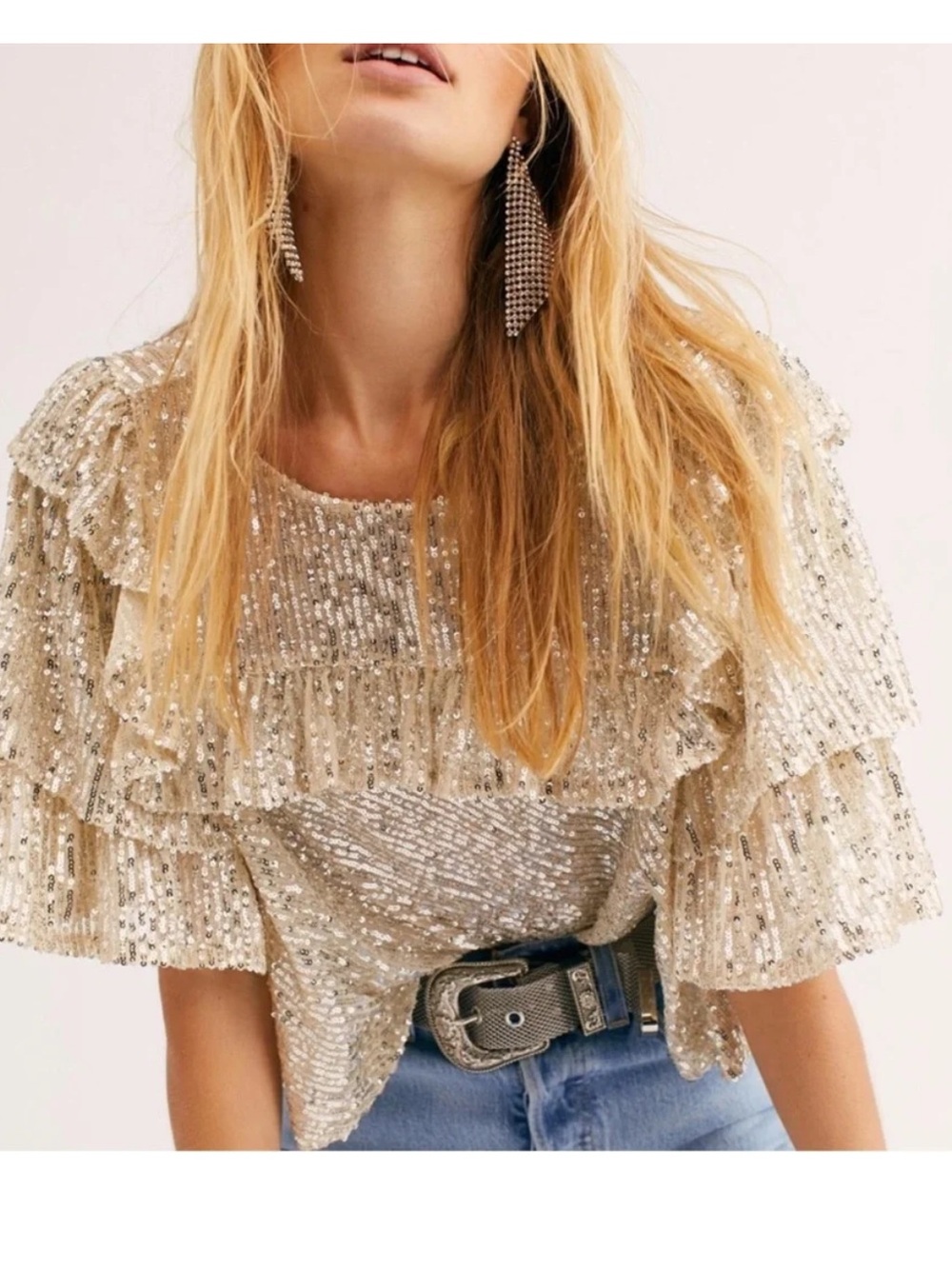 Free people Sequin Ruffle Short Sleeve Top - Champagne size small
